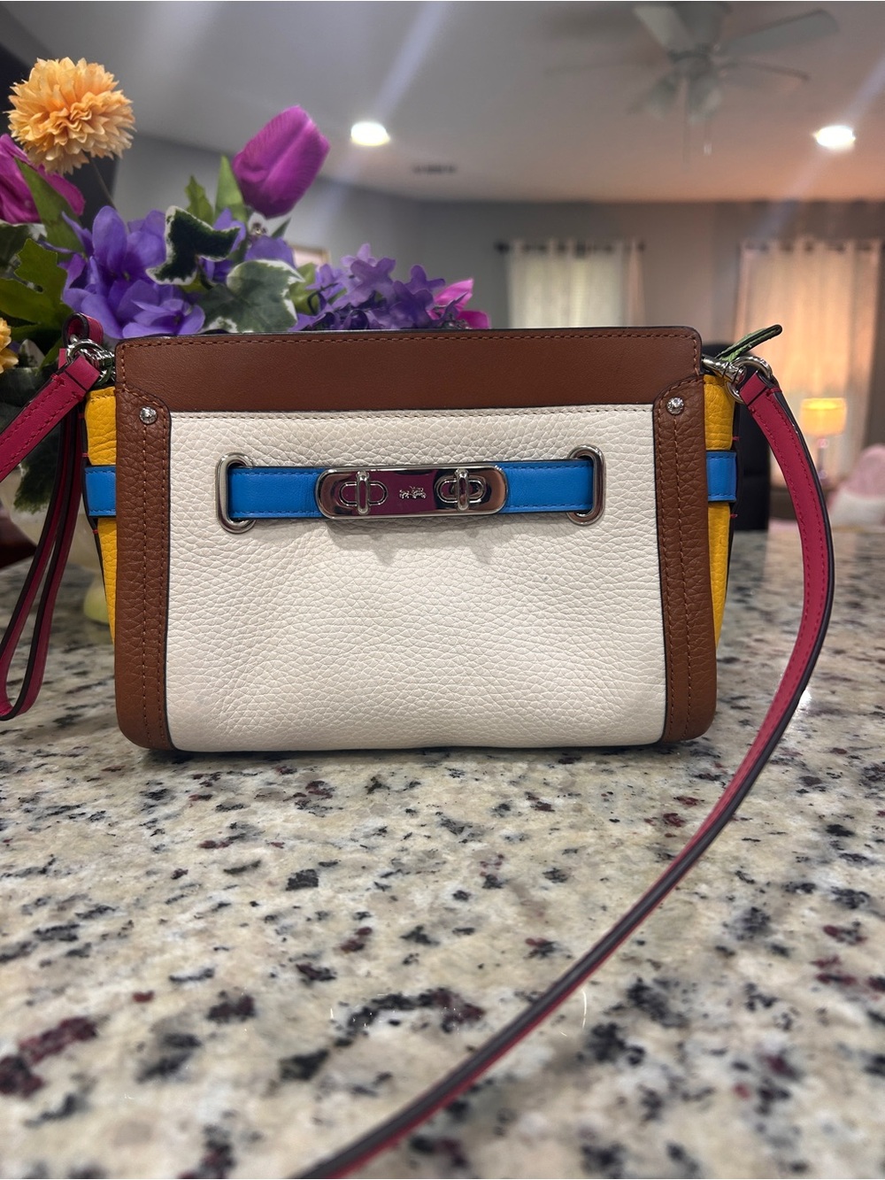 Coach Colorblock Pebble Leather Crossbody - White, Brown, Blue, Yellow, Pink